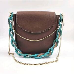 KENT STETSON Purse Chunky Turquoise Chain Gold Crossbody Strap Brown Leather